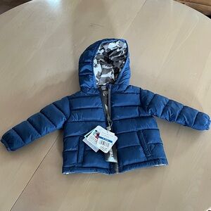 Andy & Evan Navy Puffer Jacket-reversible blue dinosaur 9-12months